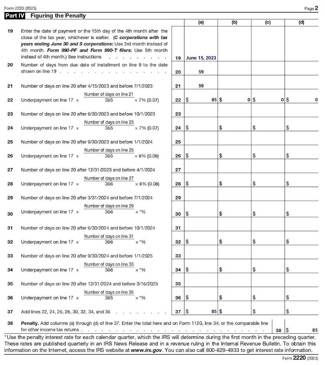A completed Form 2220, Page 2, with sample data.