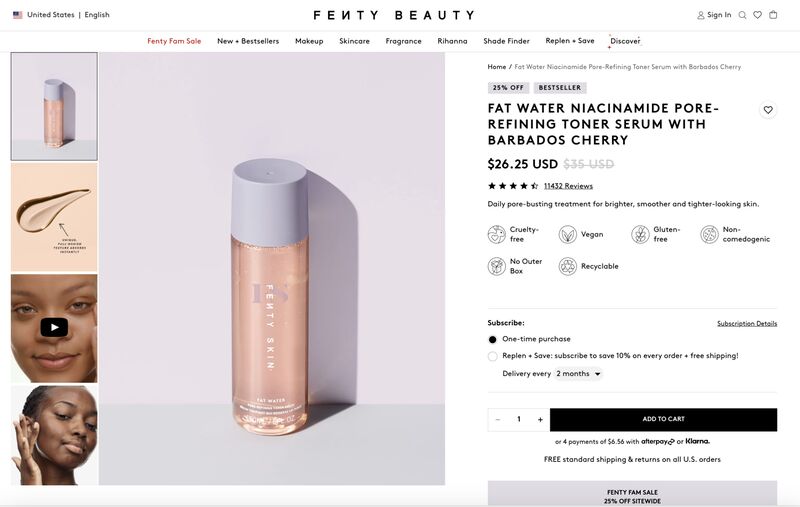 Fenty Beauty Fat water niacinamide pore refining toner product page