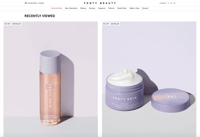 Fenty beauty recently viewed products in a product page pink and purple containers