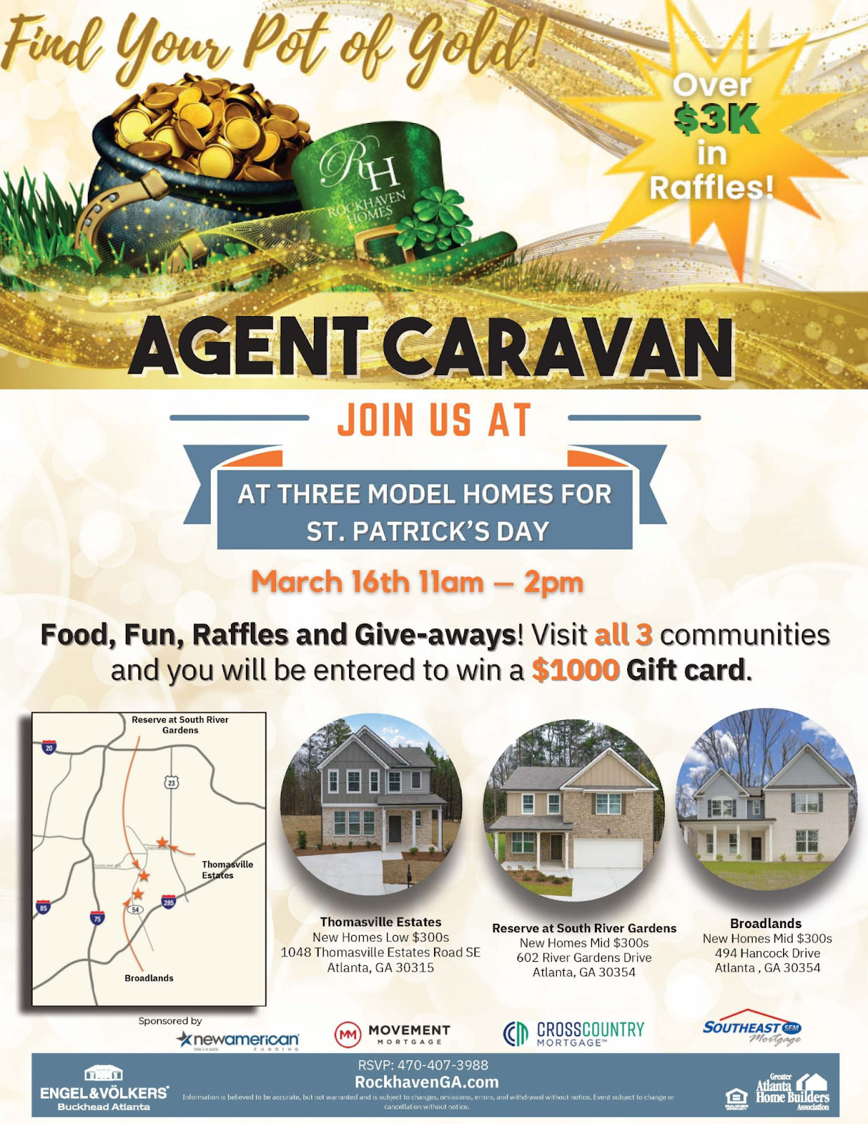 Flyer for a real estate caravan on St. Patrick's Day by Rock Haven Homes.