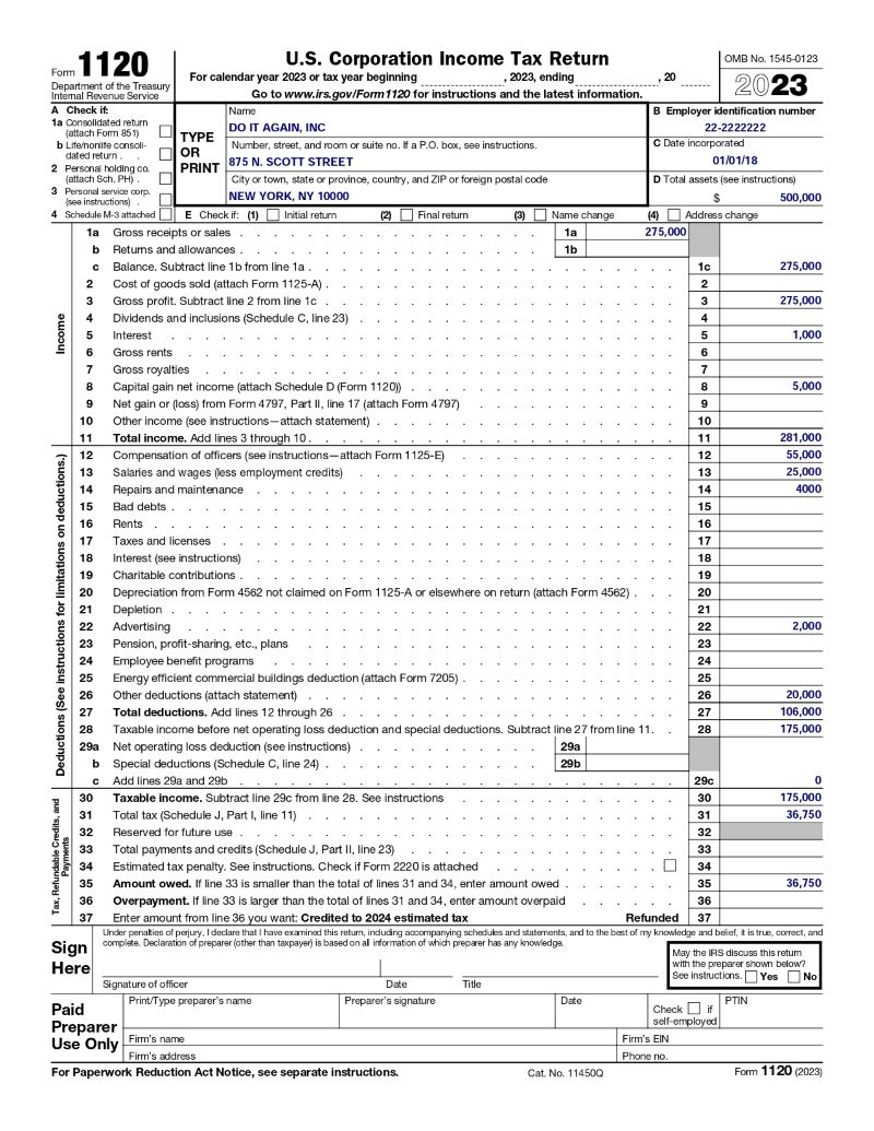AT: Form 1120, Page 1, with sample data for reference in preparing Form 1120-X.