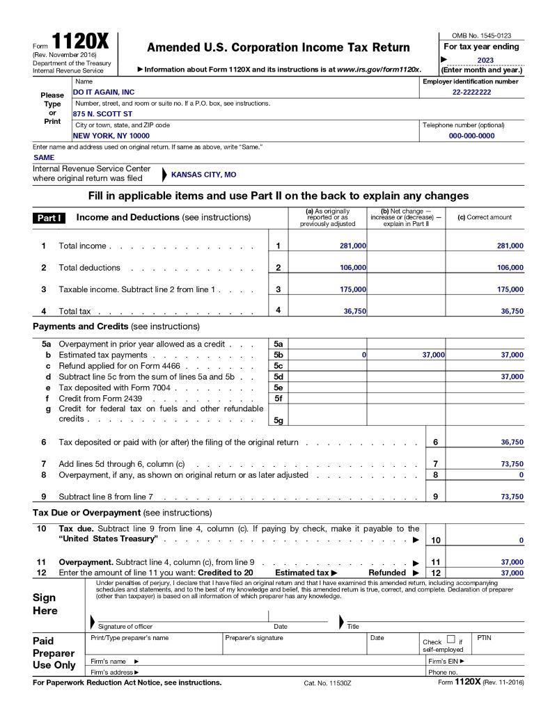 AT: A completed Form 1120-X, Part I, filled with sample input.