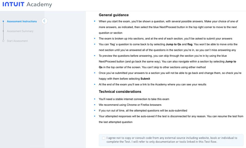 Screen showing general guidance for taking the QuickBooks ProAdvisor exam