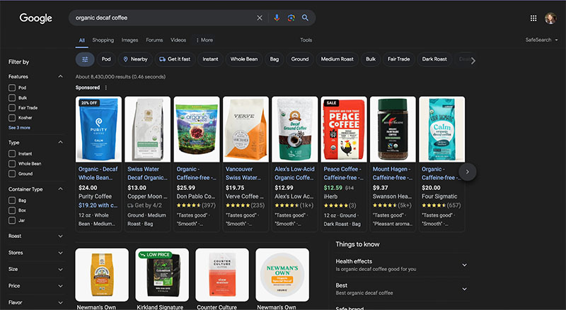 Samples of Google Shopping ads for the keyword "organic decaf coffee".