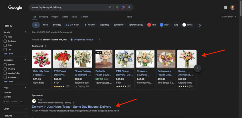 Samples of Shopping and Search ads on Google for flower bouquets.