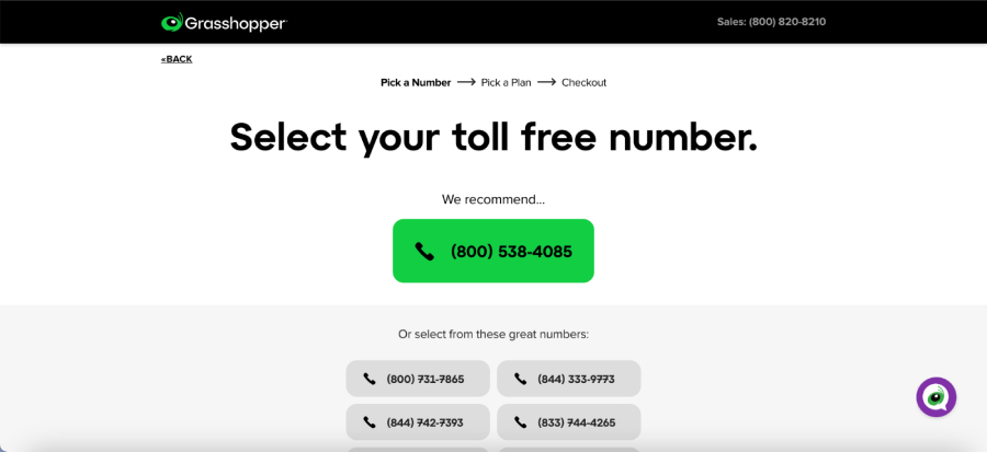 Grasshopper's phone number selection interface