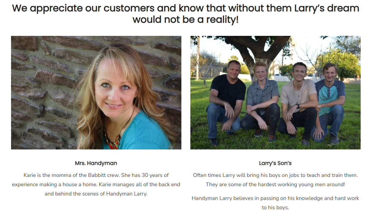 Handyman Larry website screenshot with the family and their roles.