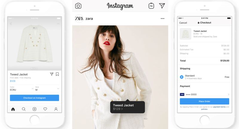 Instagram Shop white tweed jacket checkout on Instagram in-app
