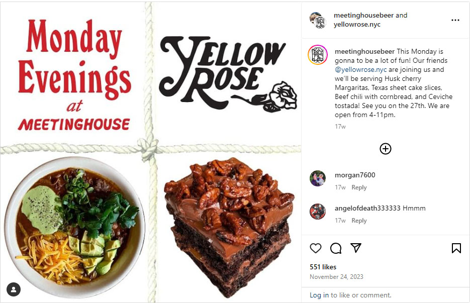 Instagram post announcing a pop-up collaboration with Meeting House Beer and Yellow Rose.