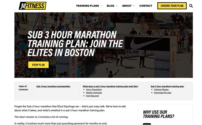 JMFitness sub 3 hour marathon plan page where poeple can buy plan