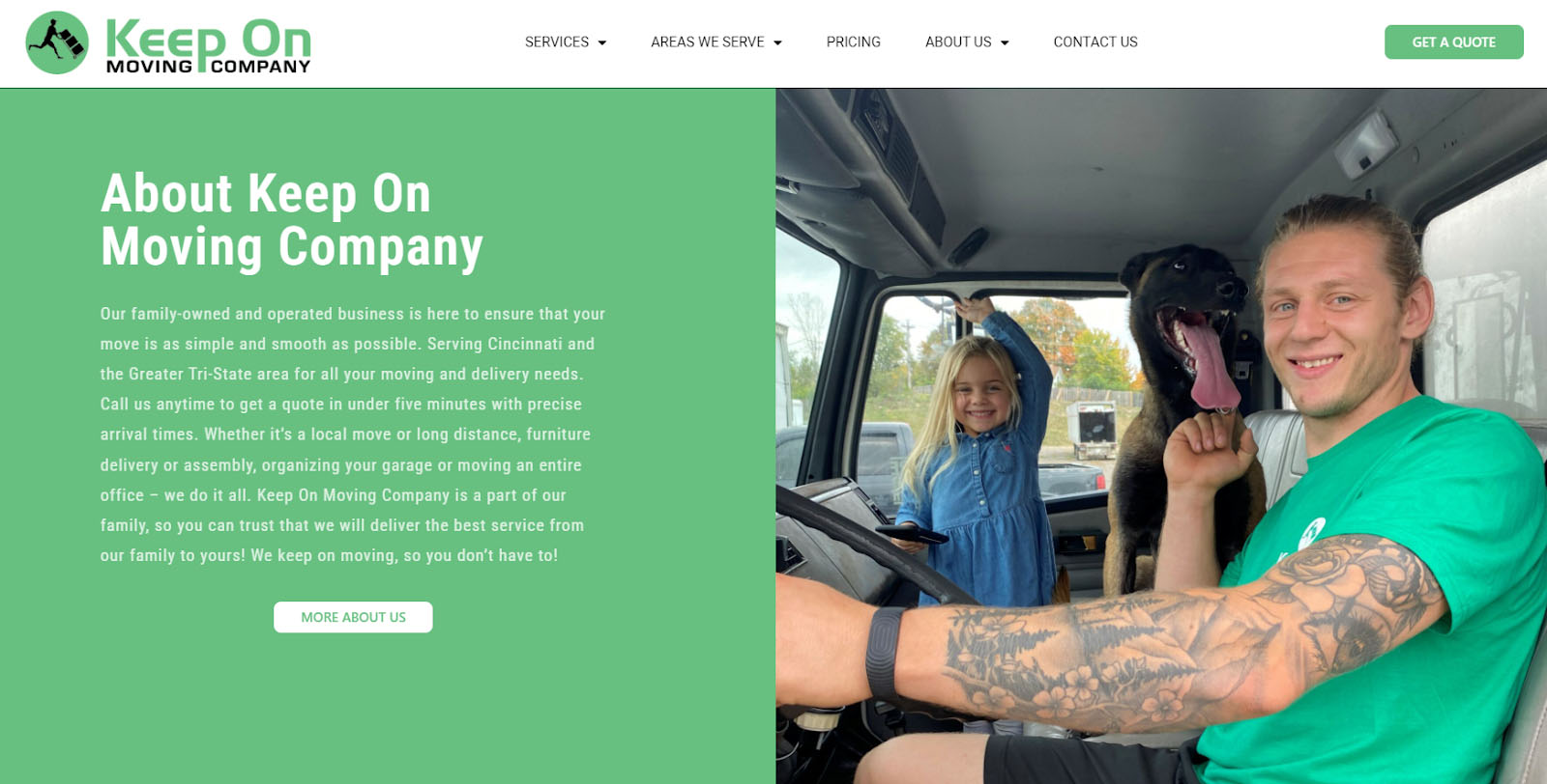 Keep On Moving website screenshot with the owner and his daughter.