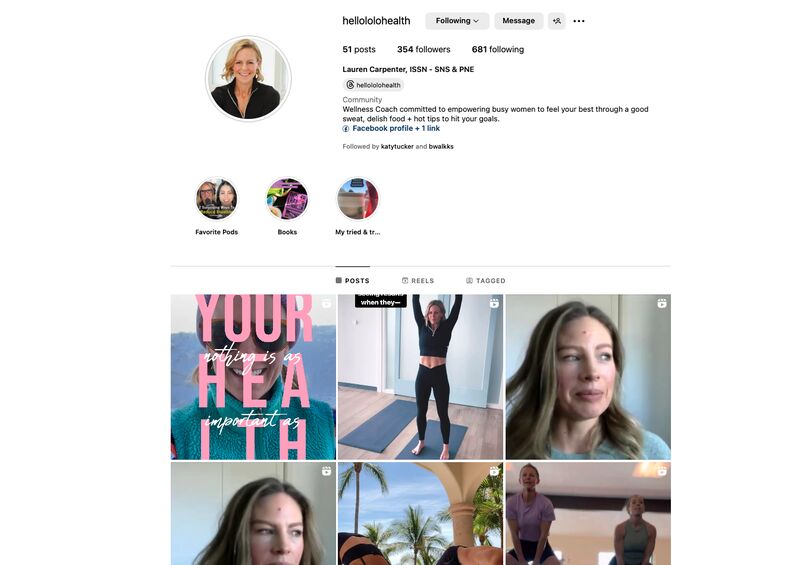@hellololohealth's instagram page showing first six post, story highlights, and bio information.