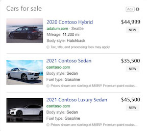 Sample vertical ads generated by Microsoft for Contoso cars.