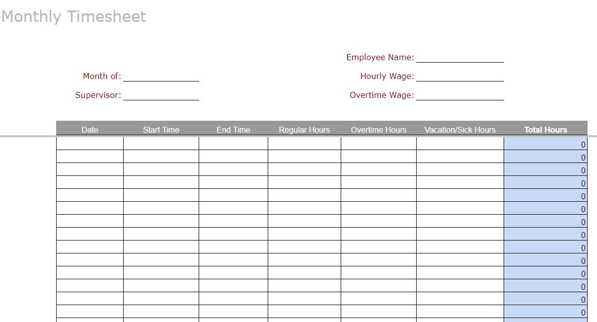 Monthly timesheet template.