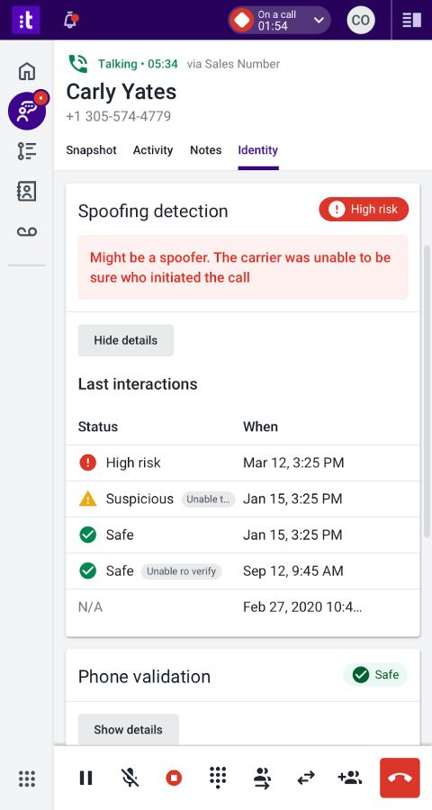 Talkdesk interface showing a customer's spoofing detection profile.