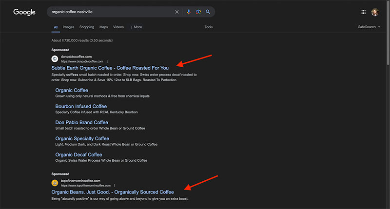 Samples of Search Ads on Google for organic coffee.