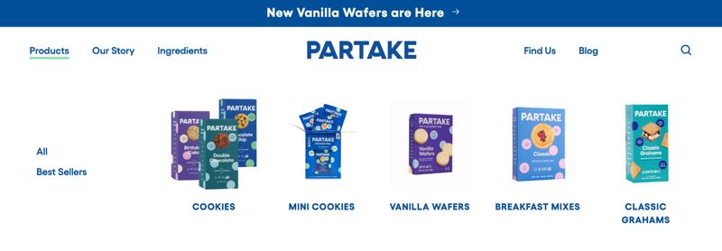 Partake foods navigation menu best sellers cookies wafers breakfast mixes classic grahams
