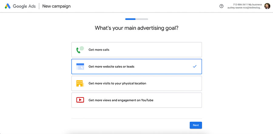 Prompt to choose an ad objective in the Google Ads onboarding process.
