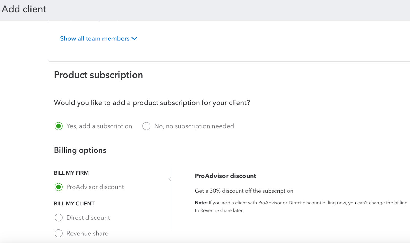 Section in the QuickBooks Online Accountant client setup page where you can add a subscription for your client.