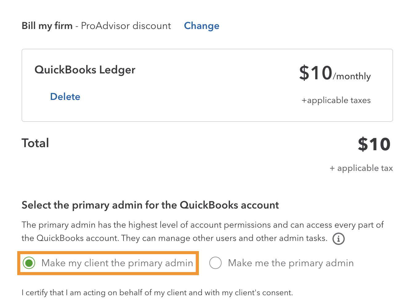 Section in the QuickBooks Ledger subscription page where you can add your client as the primary admin.