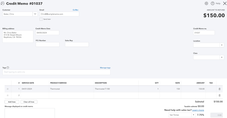 Screen where you can create a new credit memo in QuickBooks Online