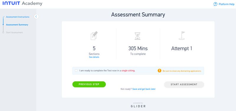 Screen showing QuickBooks ProAdvisor assessment summary