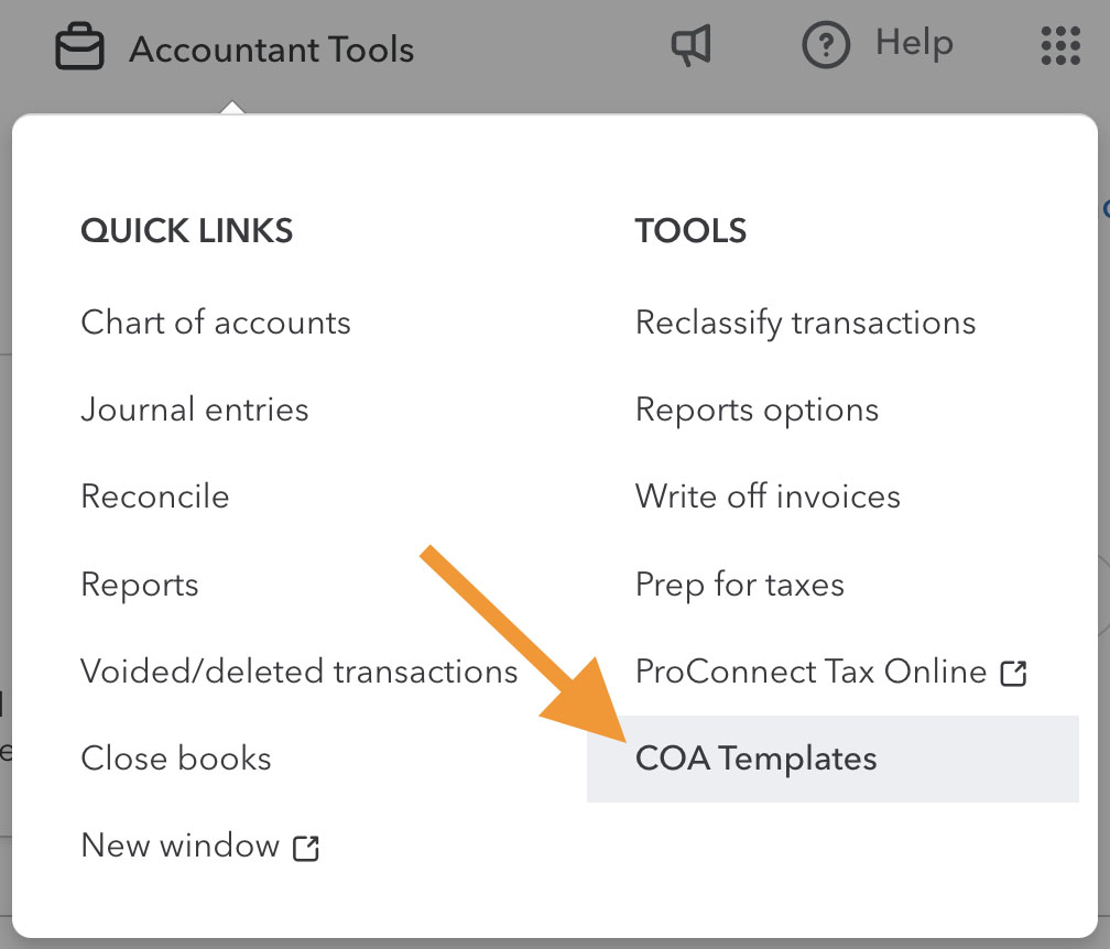 Screen showing how to navigate to the Chart of Accounts (COA) Templates creation form in QuickBooks Online Accountant.