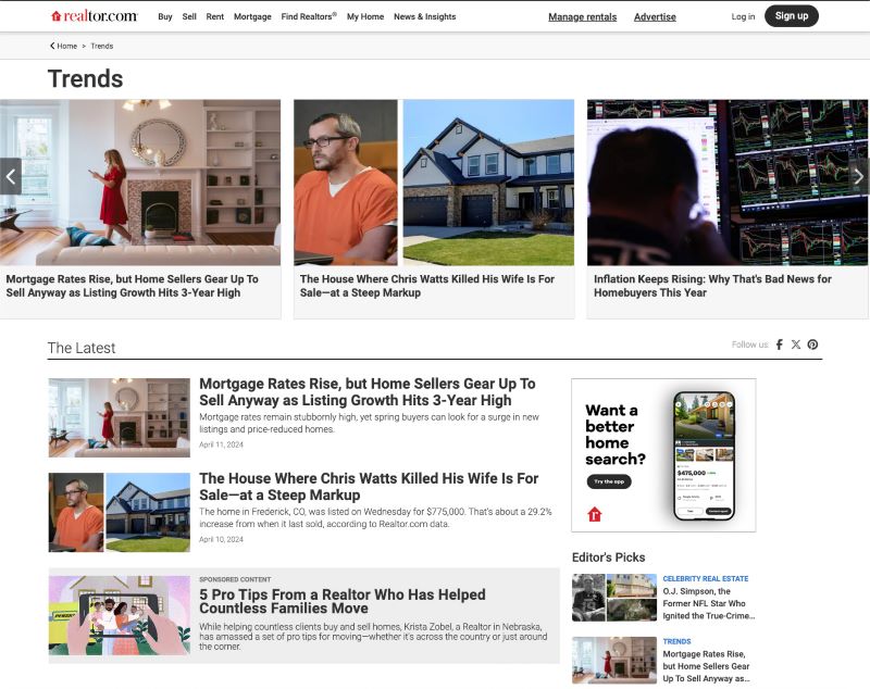 realtor.com trends page showing various articles about housing market trends.