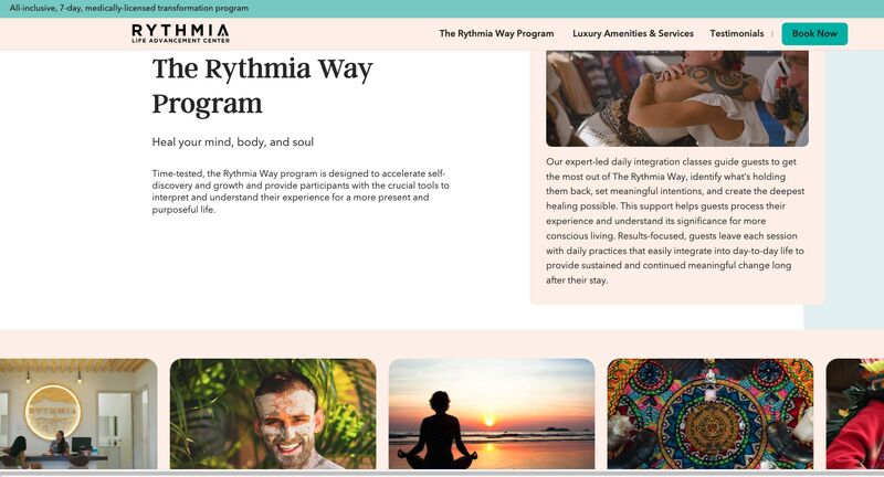 Rythmia wellness retreat's information page with slideshow of picture at the bottom.