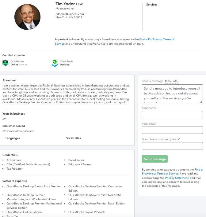 Sample QuickBooks ProAdvisor profile page showing sections like About me and credentials