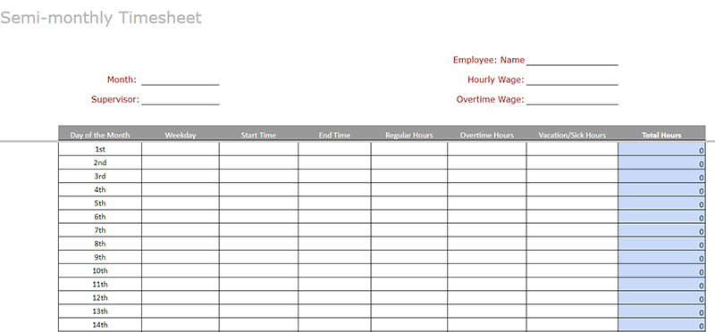 Semimonthly timesheet template.