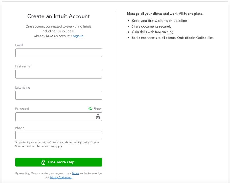 Screen where you can sign up for an account with QuickBooks Online Accountant