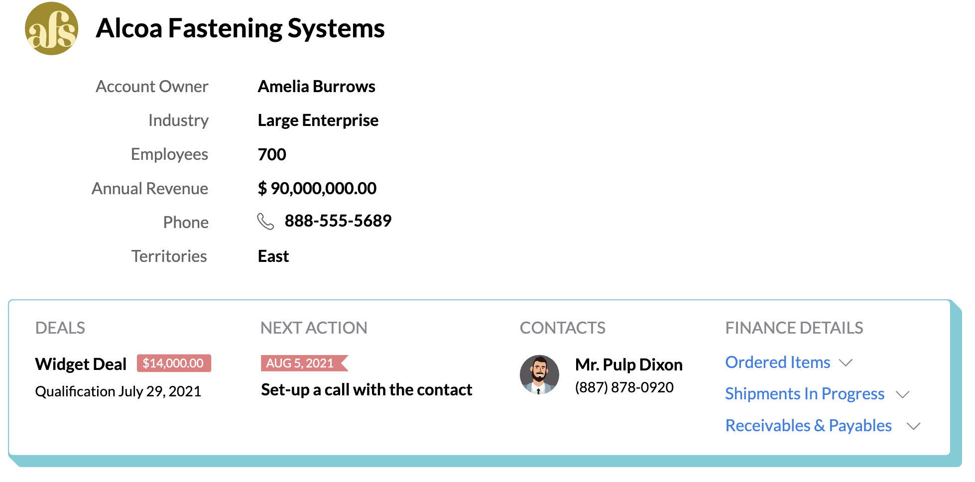 Zoho CRM customer account management dashboard with contact details.