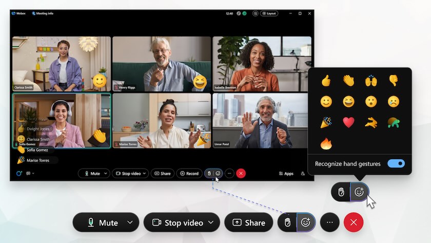 A live Webex meeting showing participants' video thumbnails and different emoji reactions.