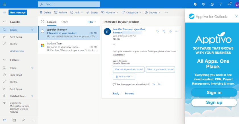 Apptivo for Outlook side panel showing on the interface of an Outlook account.