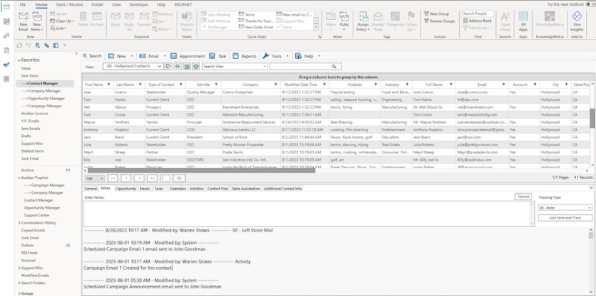Avid CRM workspace showing a resemblance to Outlook's user interface.