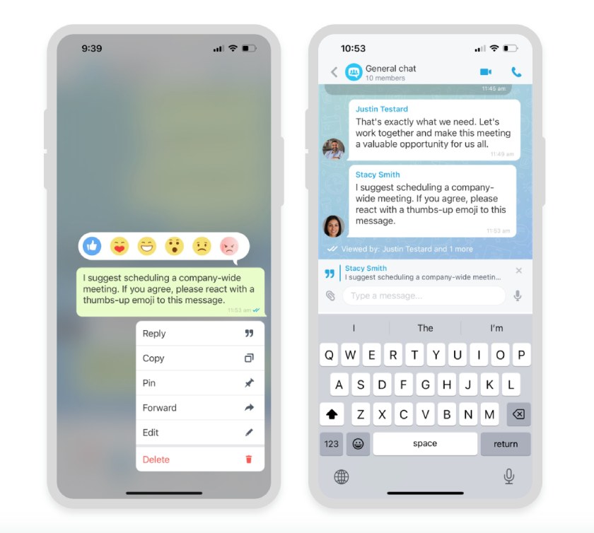 Bitrix24’s mobile chat M1 showing an option to add emojis to reply messages.
