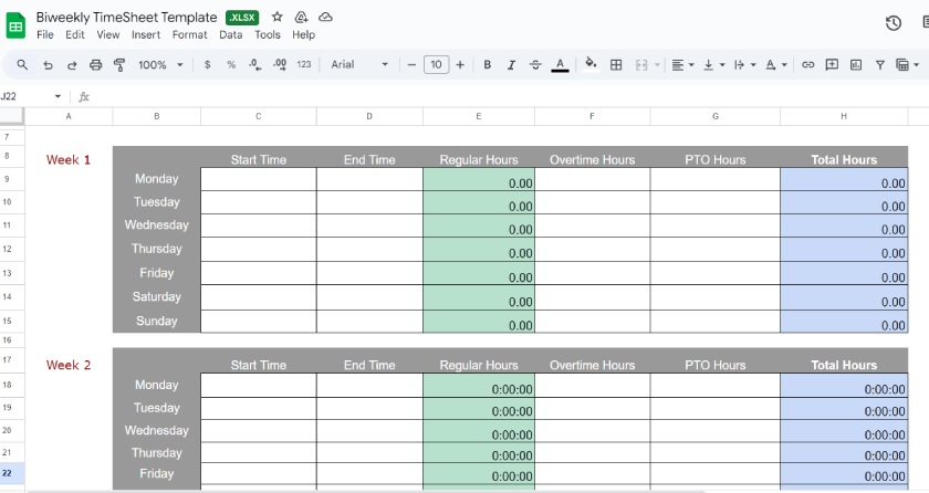 Biweekly timesheet template with columns for start and end times, overtime hours, and PTO hours for two weeks.