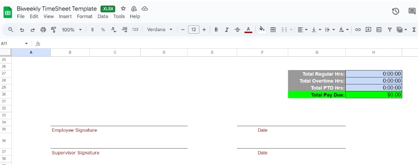 Biweekly timesheet template with formulas for calculating total hours and total pay due.