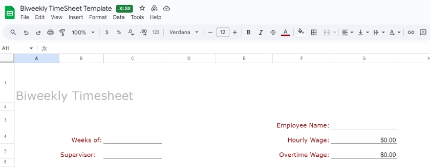 Biweekly timesheet template with rows for employee name and wages.