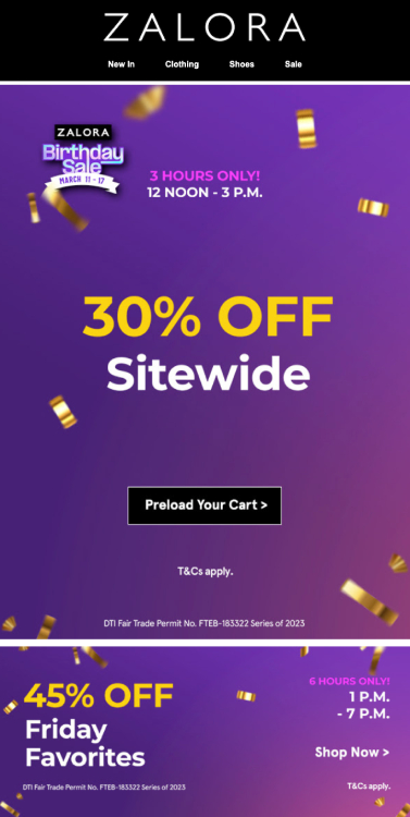 Bulk email campaign from the retail app Zalora promoting a sitewide sale.