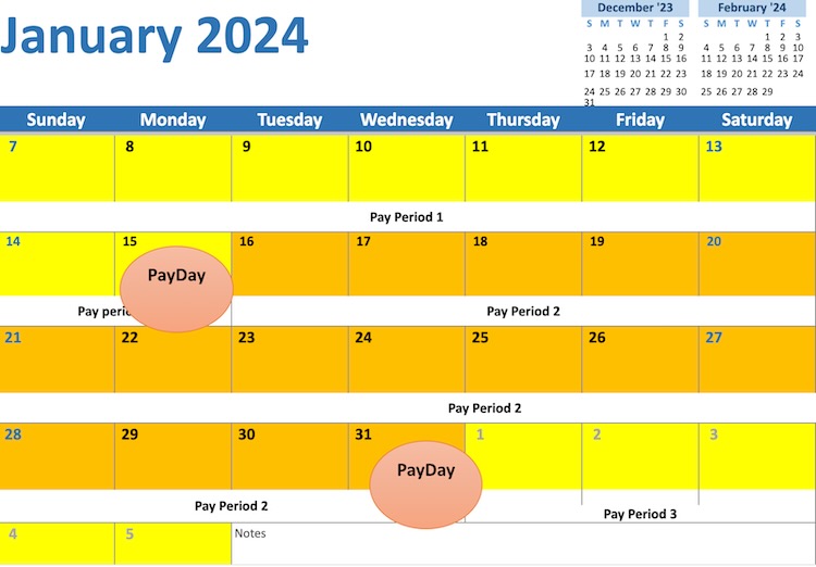 Calendar showing semi-monthly payroll.
