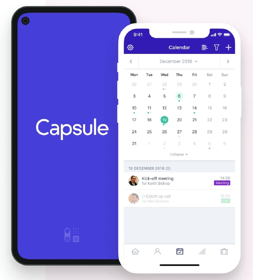 Capsule CRM calendar feature on mobile view showing a scheduled kickoff meeting.