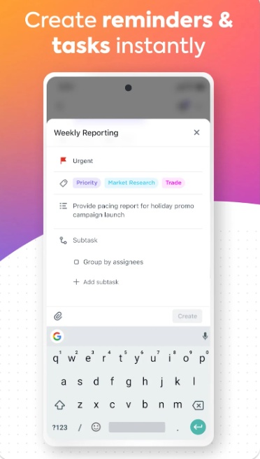 ClickUp mobile app showing how to create reminders instantly.