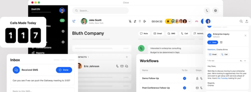 Close CRM's communication tools, including email, SMS, and phone calls.