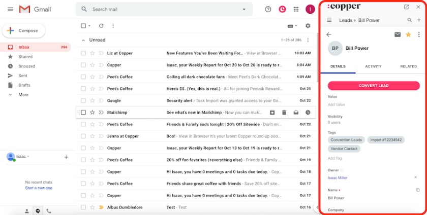 Copper CRM’s Google Chrome extension inside Gmail inbox facilitating easier access for Google Workspace users.