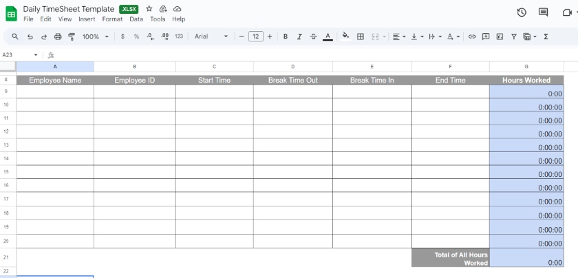 Daily timesheet template with columns for employee name, start and end times, and total hours worked.