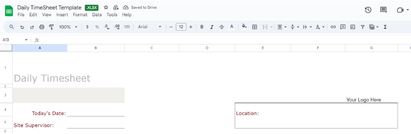 Daily timesheet template with rows for date, site supervisor, and location.