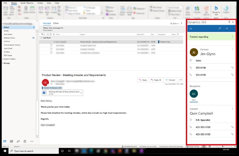 Dynamics 365 app for Outlook showing a CRM contact profile's view on a sidebar.