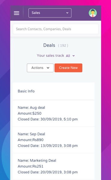 EngageBay mobile app sales page showing deal info and options for creating a new deal and tracking sales.
